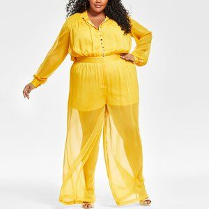 Nina Parker Womens Wide Leg Long Sleeve Button-Front Jumpsuit Plus 16W Yellow